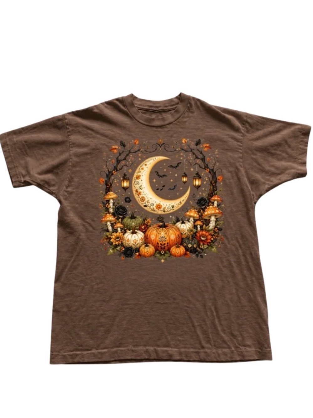 Brown Halloween Crescent Moon & Pumpkins Tee